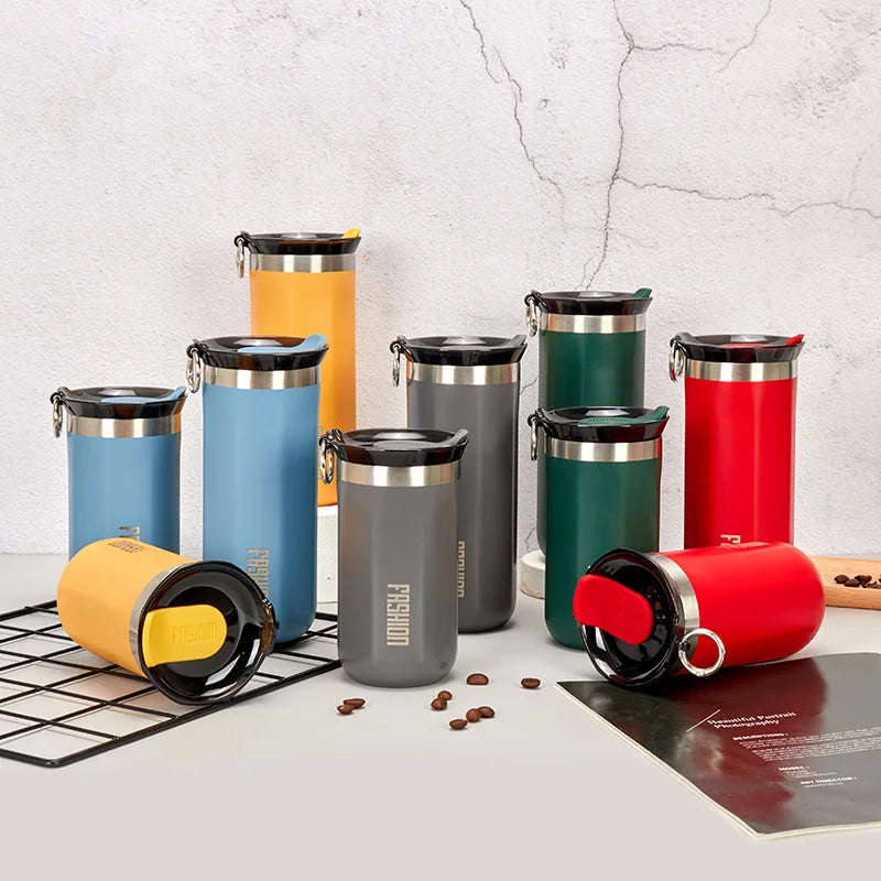 Dual-Layer Stainless Steel Travel Coffee Cup with Simple Logo Outdoor Ring Lifting for Cycling and Water Classic Design