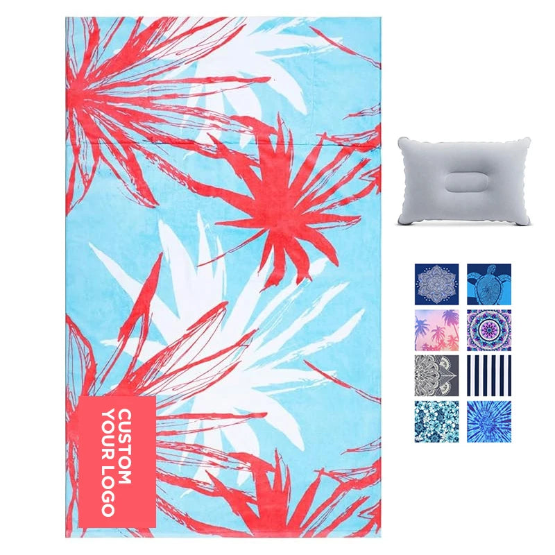 Oversize Extra Large Waterproof Eco-Friendly Beach Towel Hidden Pocket Quick-Drying Absorbent Sunbathing Pillow Leaf Print