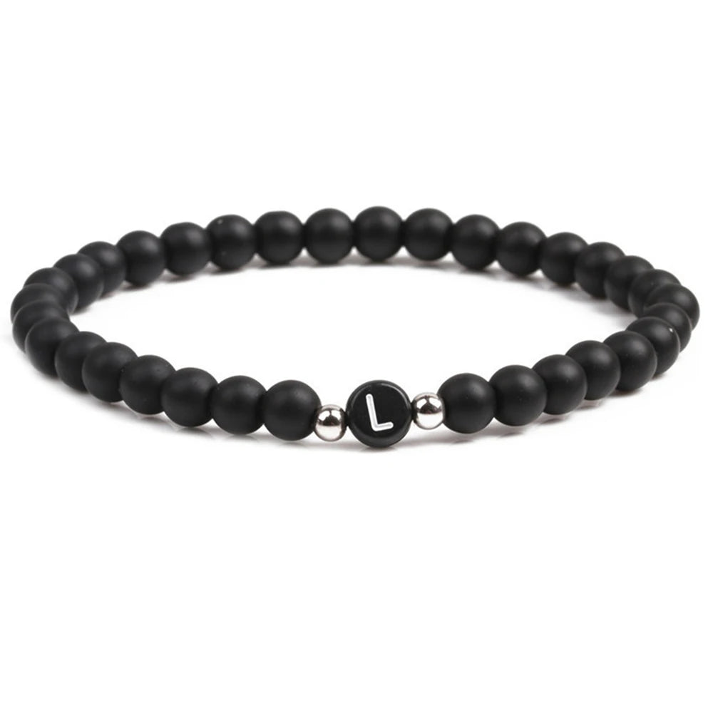 Matte Black Onyx Initial Letter Bracelet for Women Natural Stone Strand Beaded Bracelets Personalized Custom Name Jewelry Gift