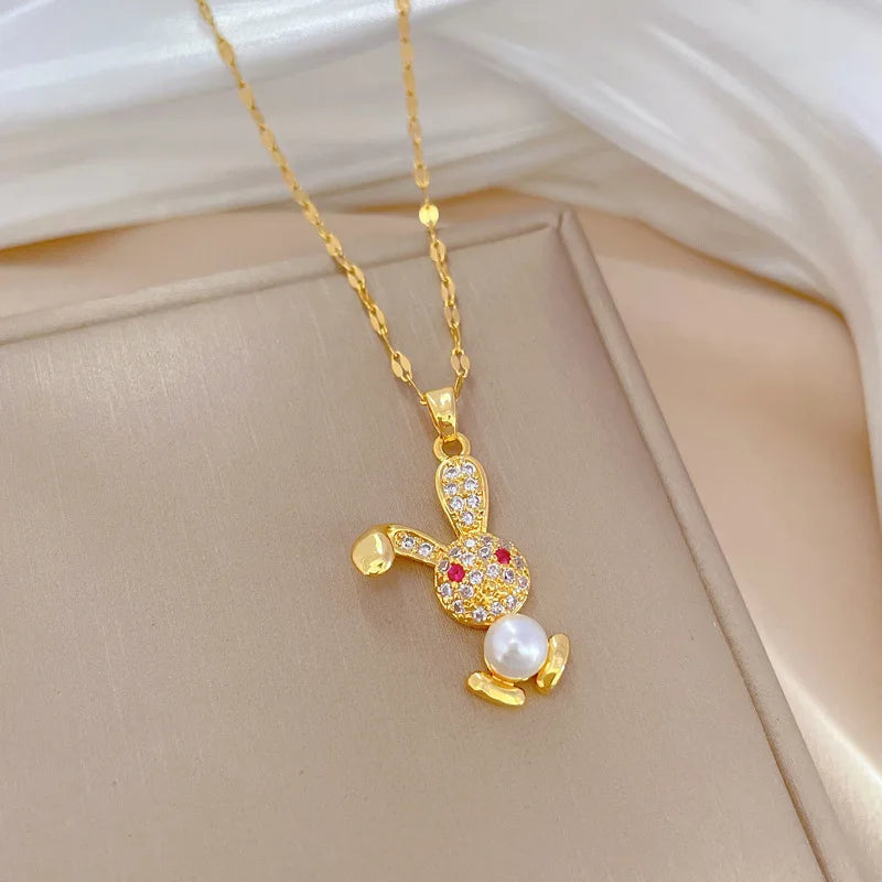 Fashion Pink Crystal Bunny Rabbit Pendant 18K Gold Plated Stainless Steel Chain Necklace Jewelry for Women Girls Gifts