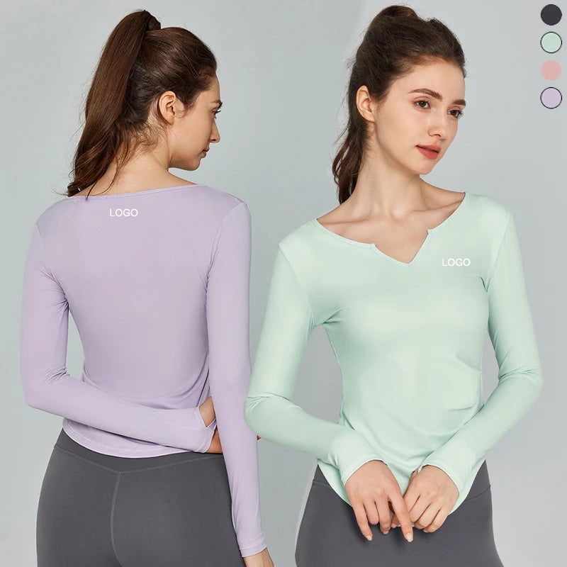 DN-NBAJ124113 New Sports Top Women's Fitness Solid Color Versatile Outdoor Leisure V-neck Yoga Suit Long Sleeved