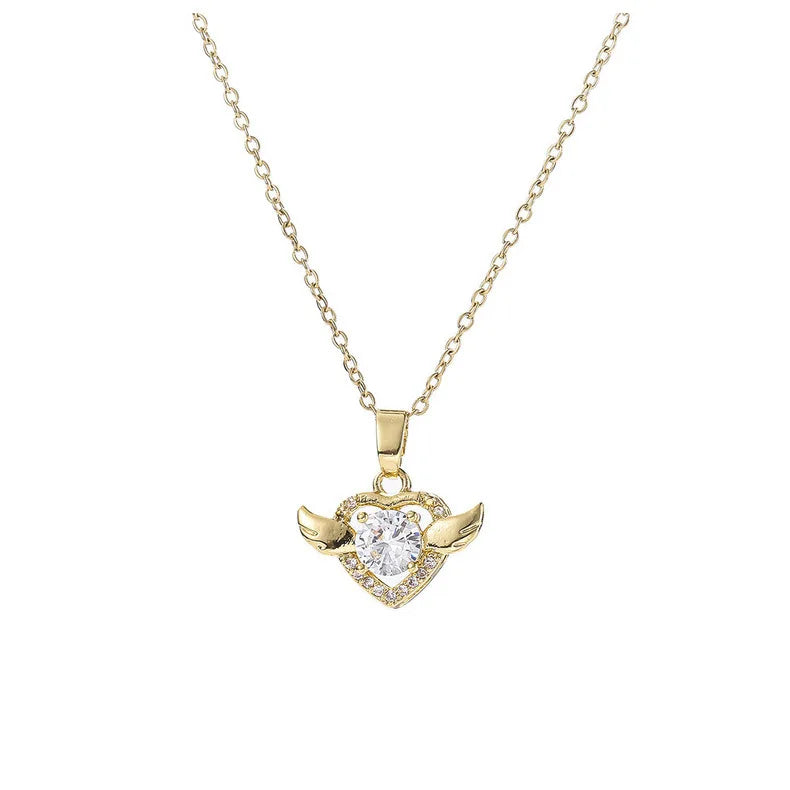 AA00582 18K Jewellery Stainless Steel Necklace Girls Diamond Heart-shaped Angel Wing Pendant Necklace