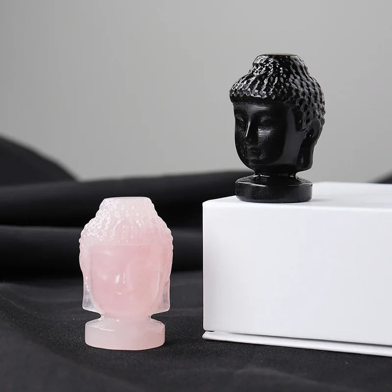 HUIYING Home use Hand Carved Natural Flash Rose Quartz/Obsidian Crystal Buddha Head Statue For Home Decoration