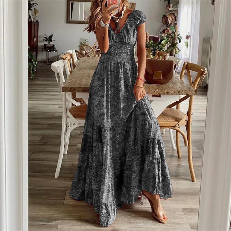 S-3XL Bohemian Style New Dress Long Skirt With Waist Cinched Floral Print Large Hem Dress