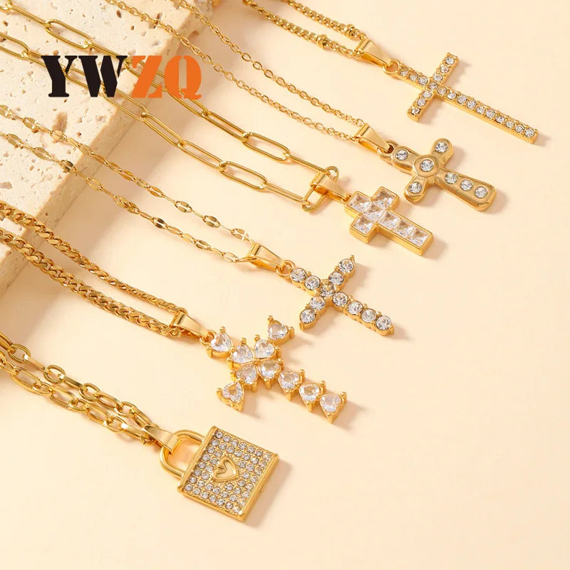 Fashion Waterproof Geometric Stainless Steel Necklace Dainty Cross Zircon Pendant Necklace Gift for Women
