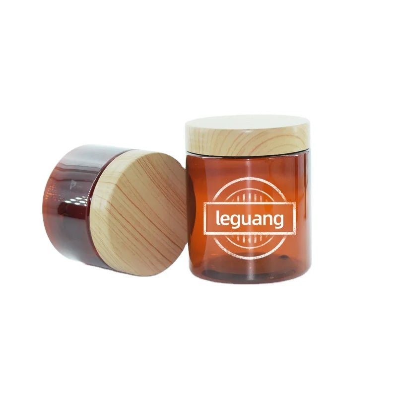 4oz Wide Mouth Cosmetic PET Jars Amber Clear Plastic Containers 500ml 250ml 150ml Brown Cream Jar with Bamboo Printed Lids