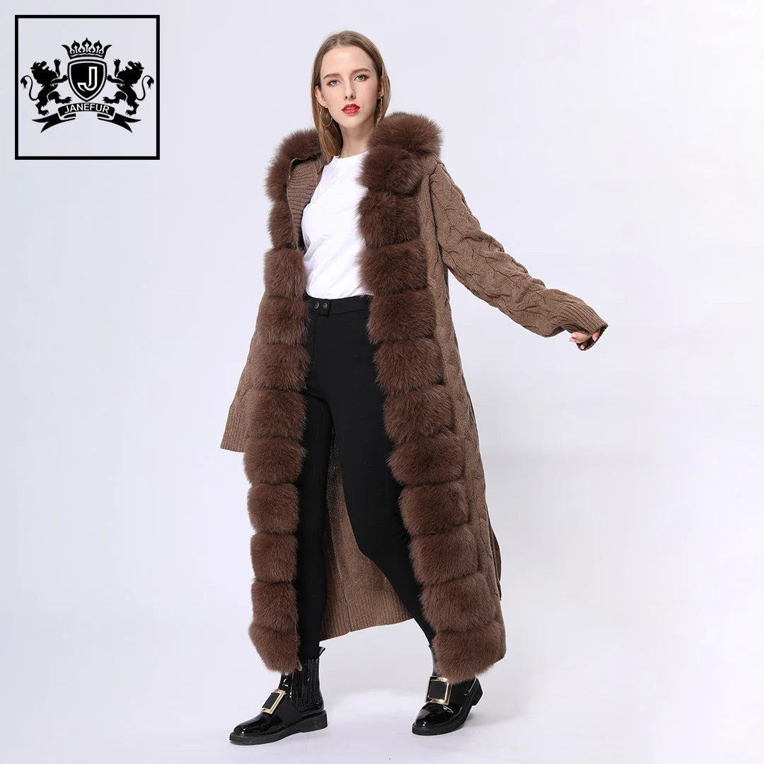Janefur Fashion Winter Extra Long Knitted Hooded Wool Cardigan Brown Fluffy Fox Fur Sweater for Women