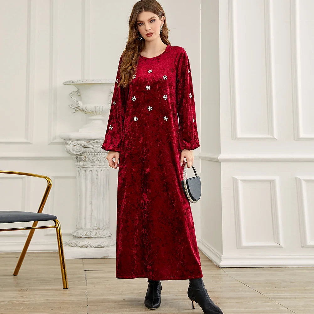 Nida Dress Women Dubai Abaya Velvet Long Skirt Rhinestone Velvet Dress India Abaya Muslim Jalabiya for Women