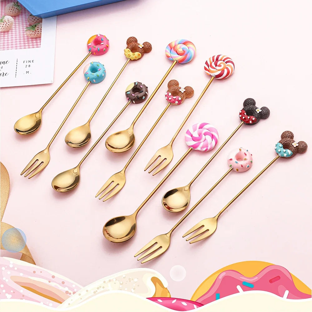 Cute Mickey Donut Stainless Steel Spoon and Fork with Mirror Polish Gold Plated-Dessert Set for Giveaways
