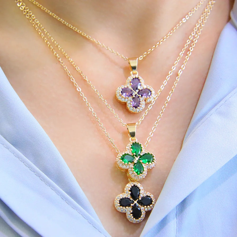 Little Ant Jewelry Zircon Clover 18k Gold Plated Necklace Four Leaf Clover Pendant Necklace for Women
