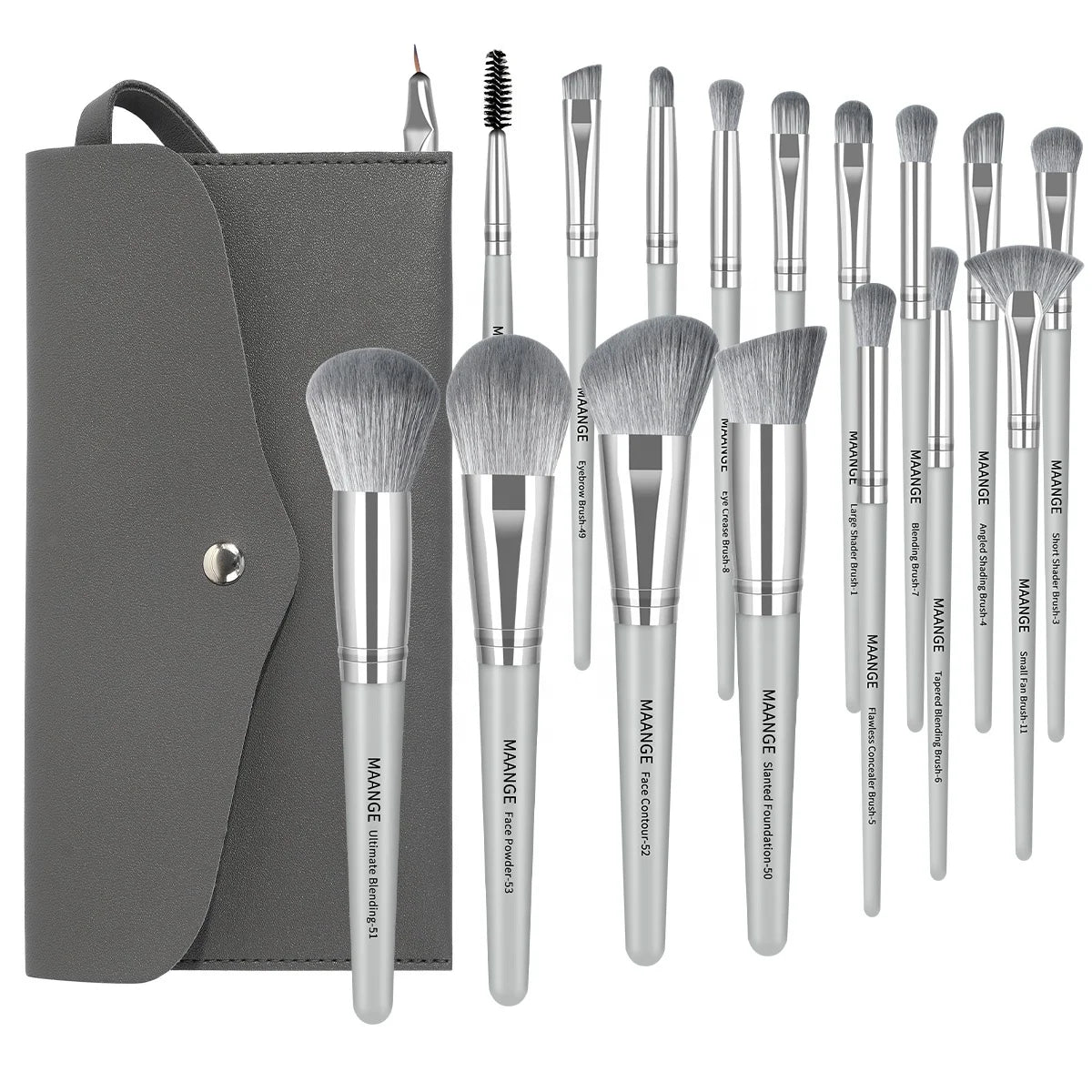 MAANGE 17pcs Silver Cosmetics Brush Set Professional Travel Makeup Brushes with High Quality Pu Bag Makeup Brushes Set
