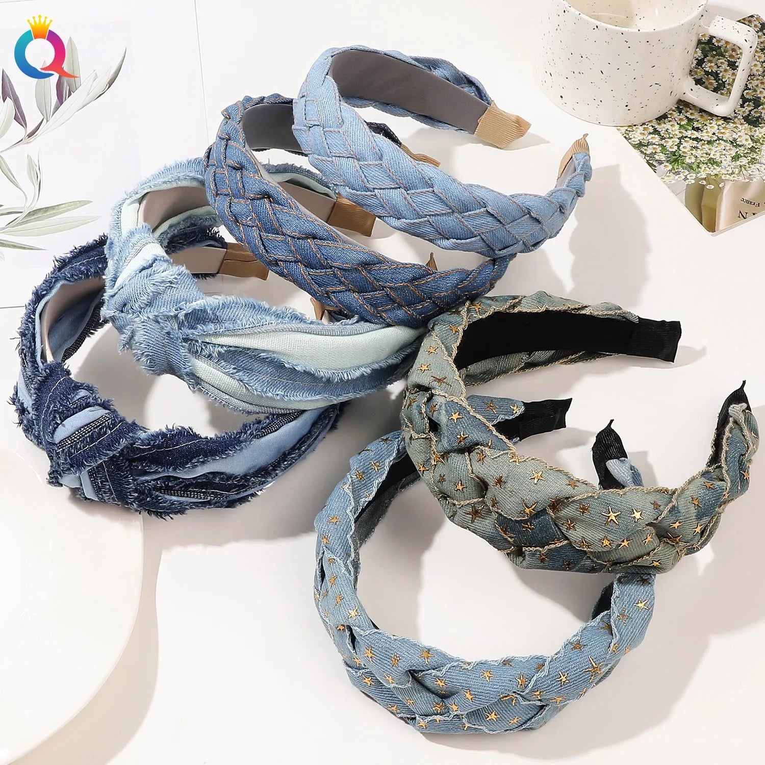 QIYUE Vintage Denim Pleated Headband Fabric Headband Women's French Personality High Style Wide Edge Headband