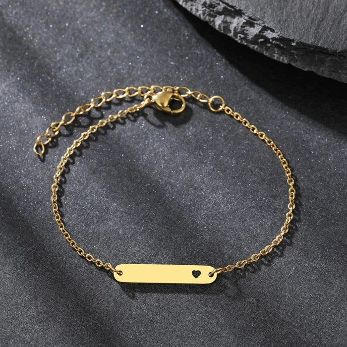 Minimalist Custom DIY Engraved Cheap Wholesale Hollow Heart Inside 18k Gold Plated Stainless Steel Blank Bar Bracelet for Women