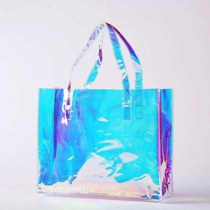 Custom Logo Eco Friendly Cartoon Waterproof Holographic Laser Iridescent PVC Gift Shopping Shoulder Tote Bag