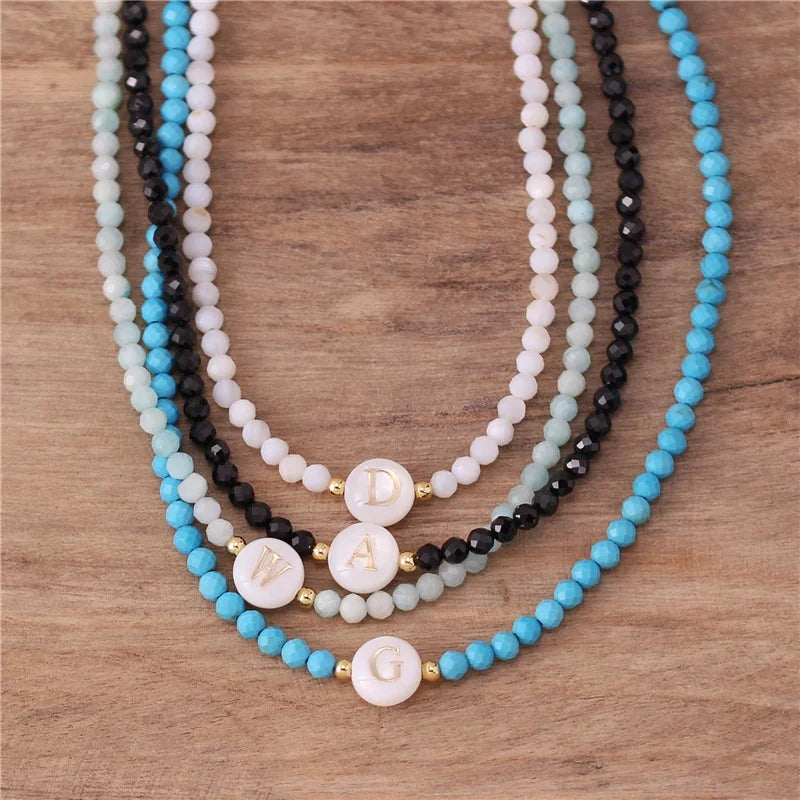 Personalized Initial Letters a to Z White Shell Charm Pendant Natural Stone Turquoise Choker Necklace for Women Jewelry Dropship