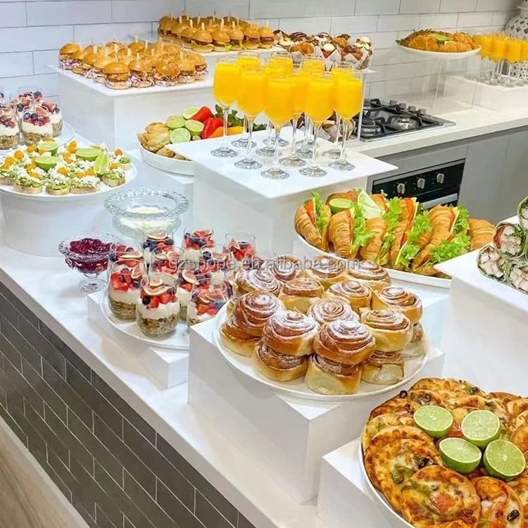 SHP Factory Custom 4 Step Rectangle Clear Display Cube Food Table White Acrylic Catering Buffet Risers for Food Display Stand