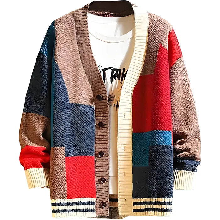 OEM Men's Casual Cardigan Sweater Knitted Long Sleeve V Neck Button Down Winter and Autumn Patchwork Letter Pattern Sweaters