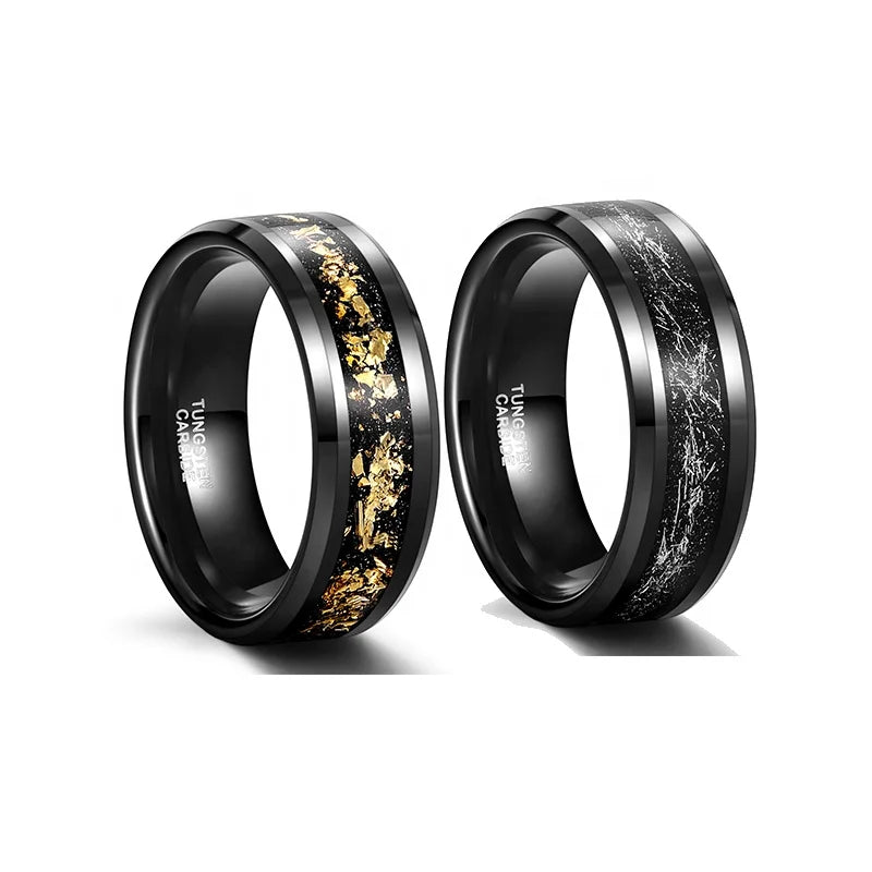 POYA Black Tungsten Sandstone Silver Gold Leaf Inlay Wedding Ring 8mm Anniversary Engagement for Men