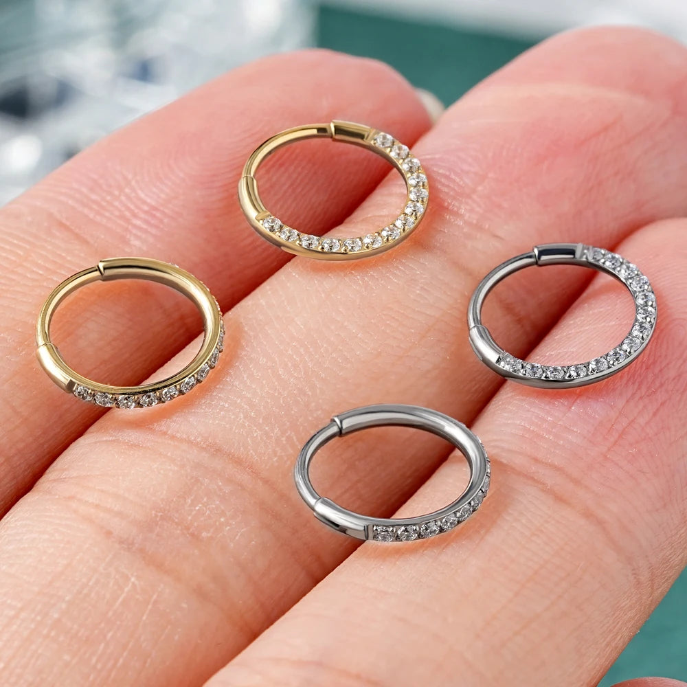 Toposh F136 Titanium Hinged Segment Ring With Forward Facing Pave Zircons Hoop Nose Ring Helix Ear Nose Septum Piercing Jewelry