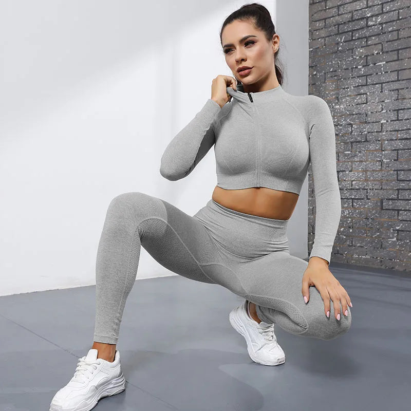 New Design Seamless Zipper Long Sleeve Yoga Clothing Fitness Sports Training Two Piece Yoga Set