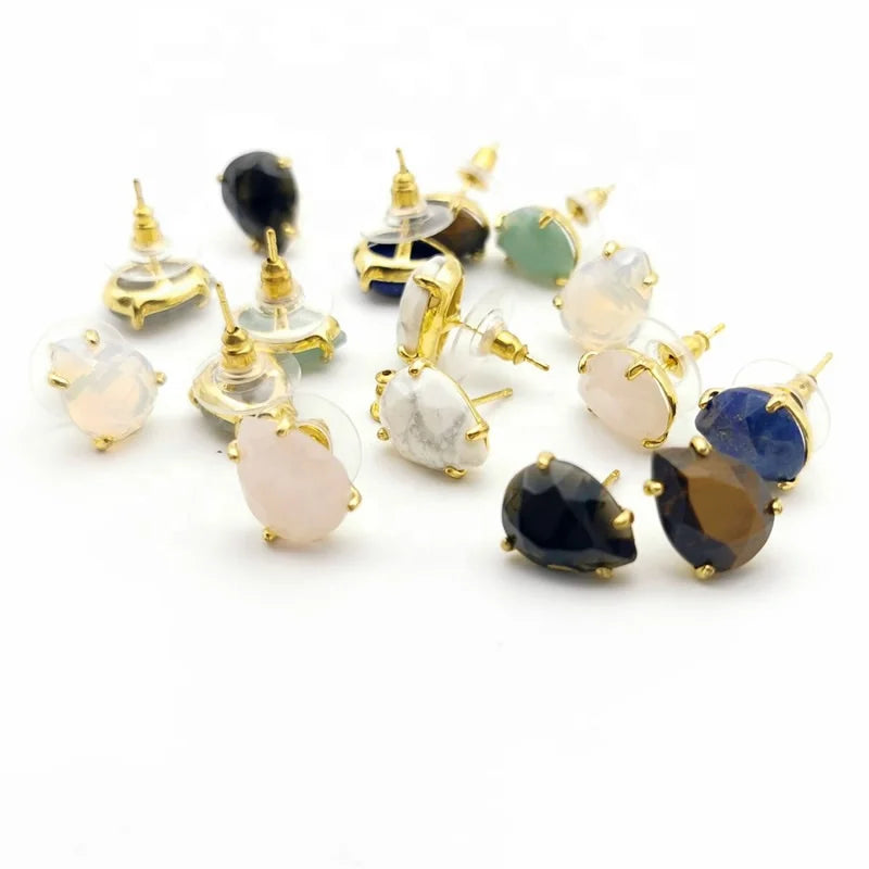 Water Drop Shape Stud Earrings for Women Faceted Natural Stone Earring Reiki Jewelry Fit for Party Anniversary Gift