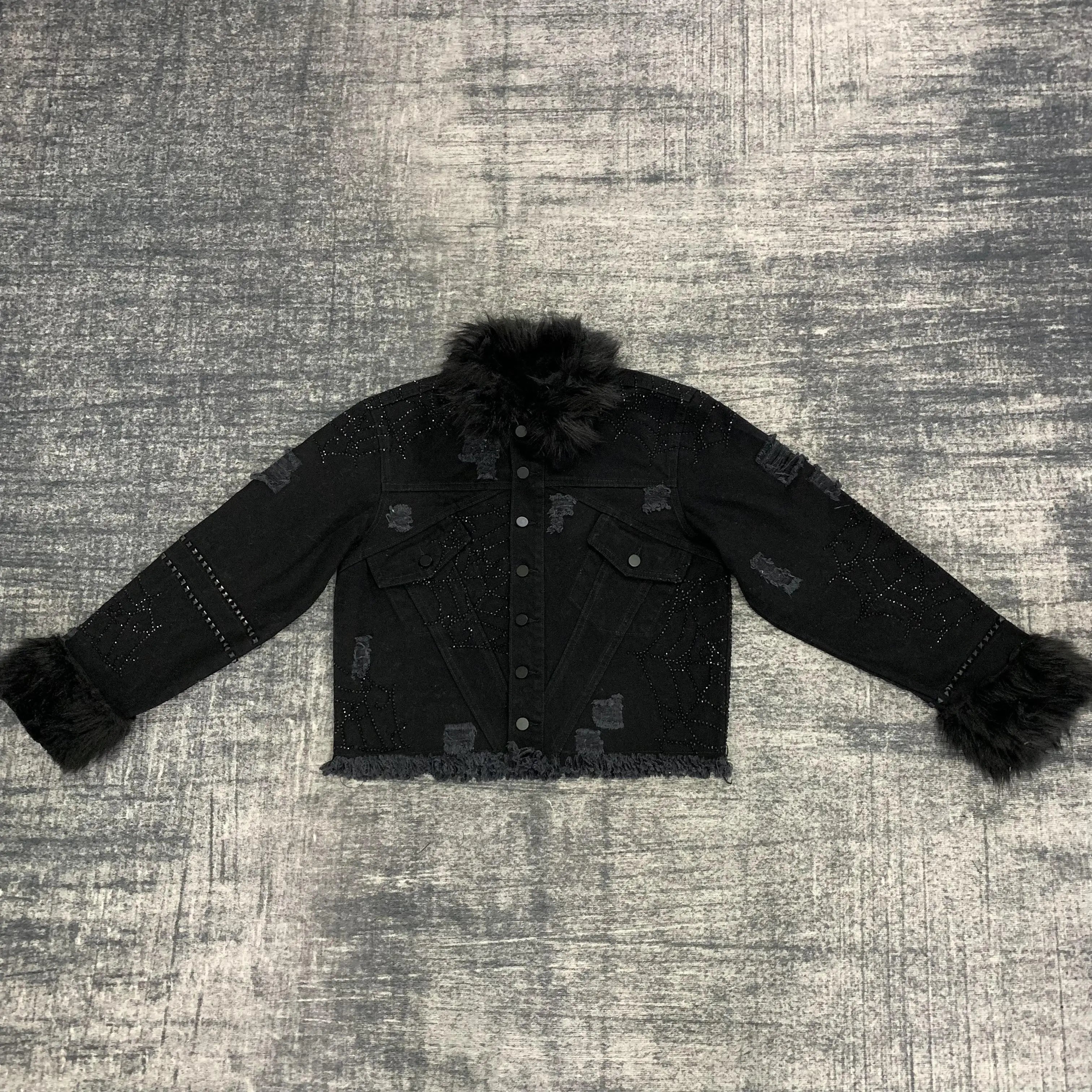 DENIMGUYS Mens Hip Hop Outerwear Custom Raw Hem Ripped Bomber Jacket With Fur Collar and Cuffs