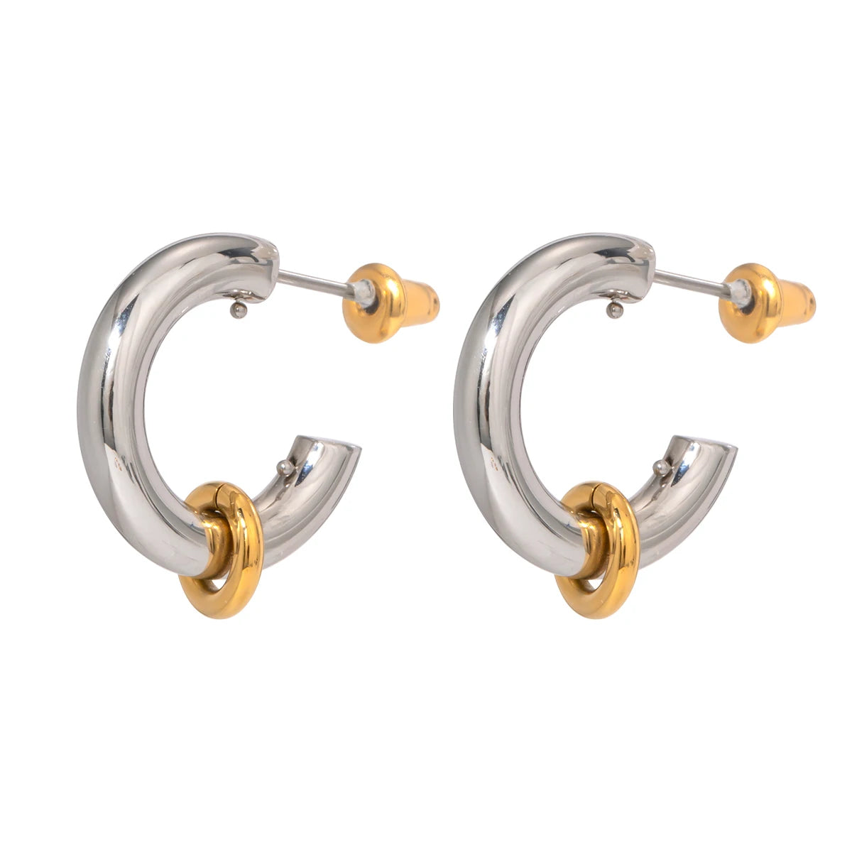 N&S 18K Gold Stainless Steel Minimalist C-Shaped Stud Earrings Two-Tone Geometric Hoop with Small Gold Charm Trendy Gift Idea