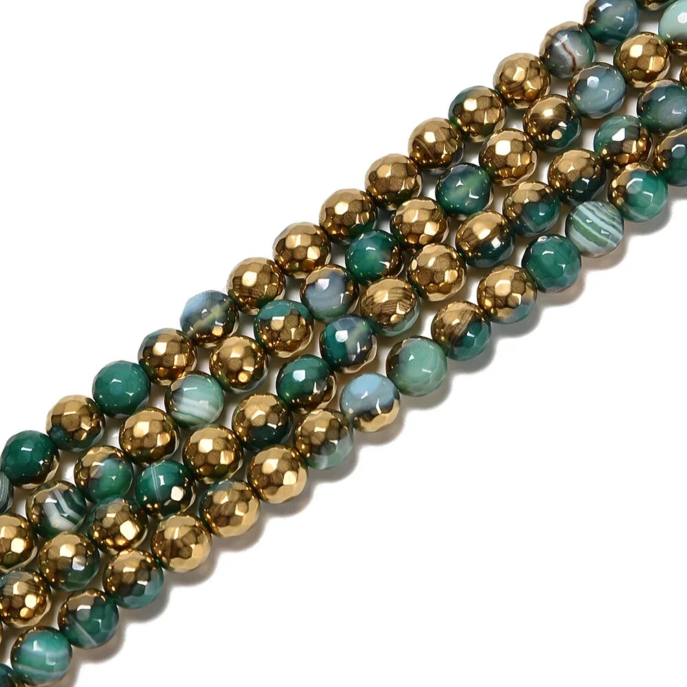 Kelingna 6mm 8mm 10mm 12mm Coated Gold & Green Stripe Striped Agate Gemstone Beads Faceted Round Beads for Jewelry Making
