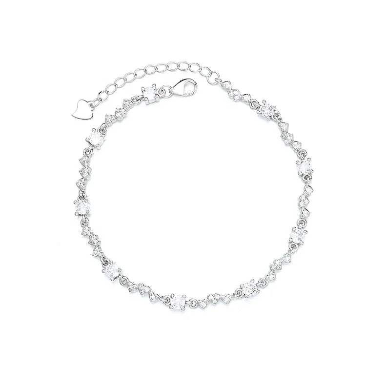 Yaeno Fine Jewelry Real Silver 925 Little Heart Chain Bracelet CZ Stones Link Chain Bracelet for Women