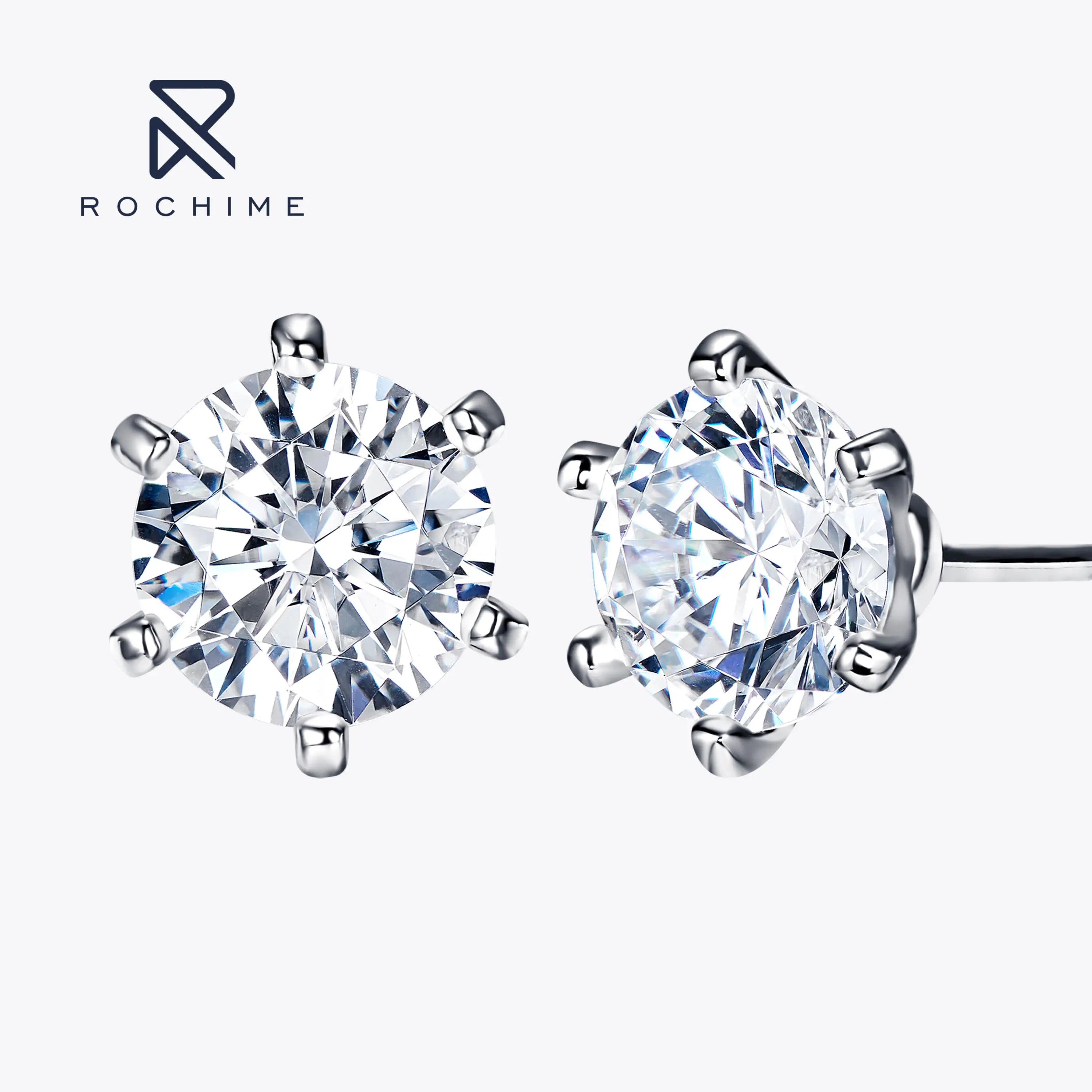 Rochime Six Prong Round Brilliant  Diamond Earstuds 925 Sterling Silver Rhodium Plated 5a Zircon Jewelry for Women