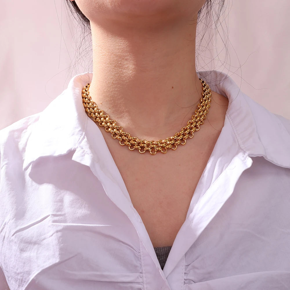 Hot Sale Hip Hop Stainless Steel 18K Gold Plated Handmade OT Buckle  Exaggerated Three Layer Chain Necklace Bracelet Jewelry Set
