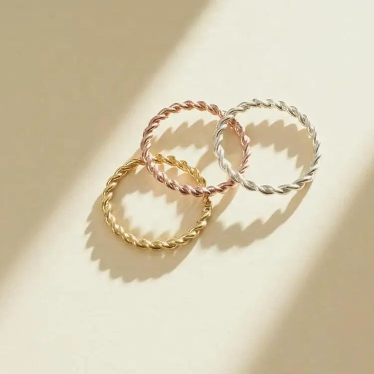Minimalist Silver Gold Rose Fine Rope Ring 18K Gold Plated Stainless Steel Twisted Ring for Women's Wedding Jewelry