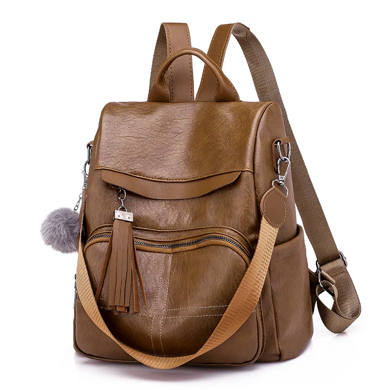 Fashion Classic Retro Tassel Zipper Large Capacity Waterproof Soft PU Fabric Casual Travel Ladies Backpack Shoulder Bag