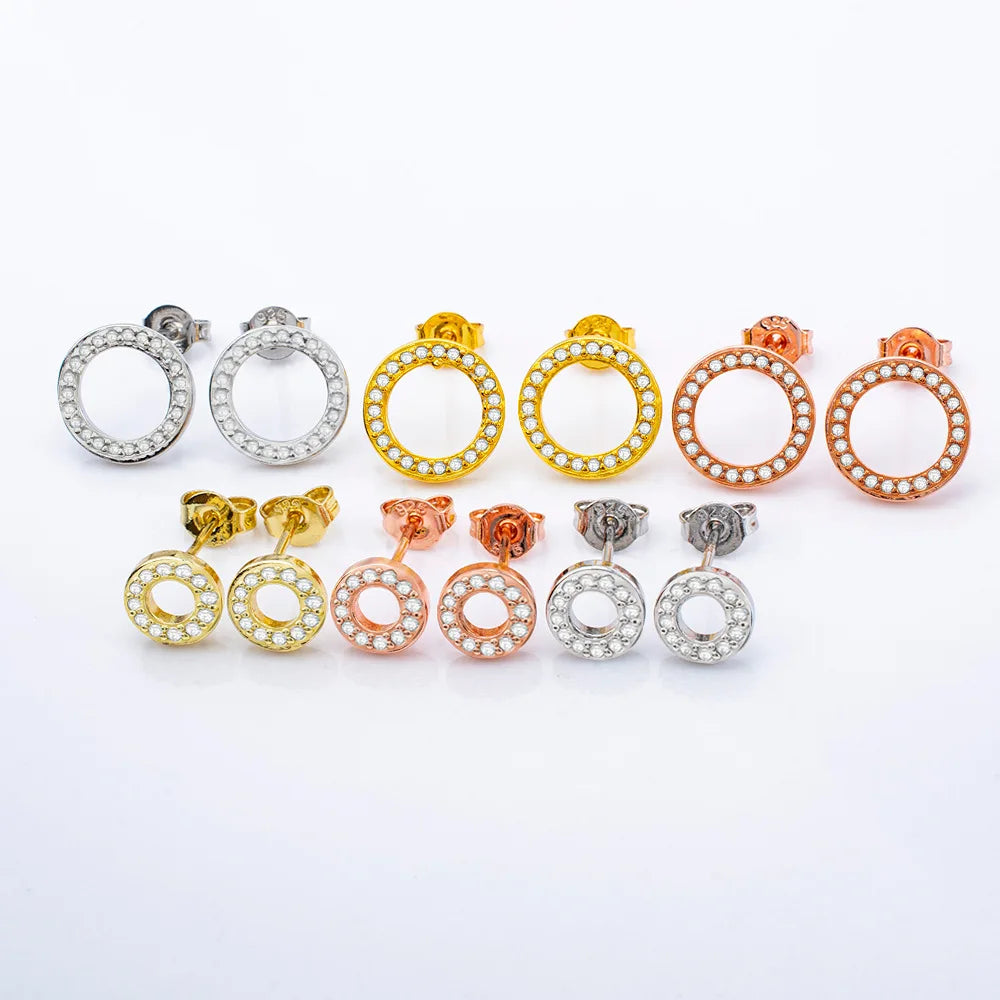 Wholesale Gold Plated Sterling Silver Cutout Round Stud Earrings with Cubic Zirconia for Men Women Party Gift