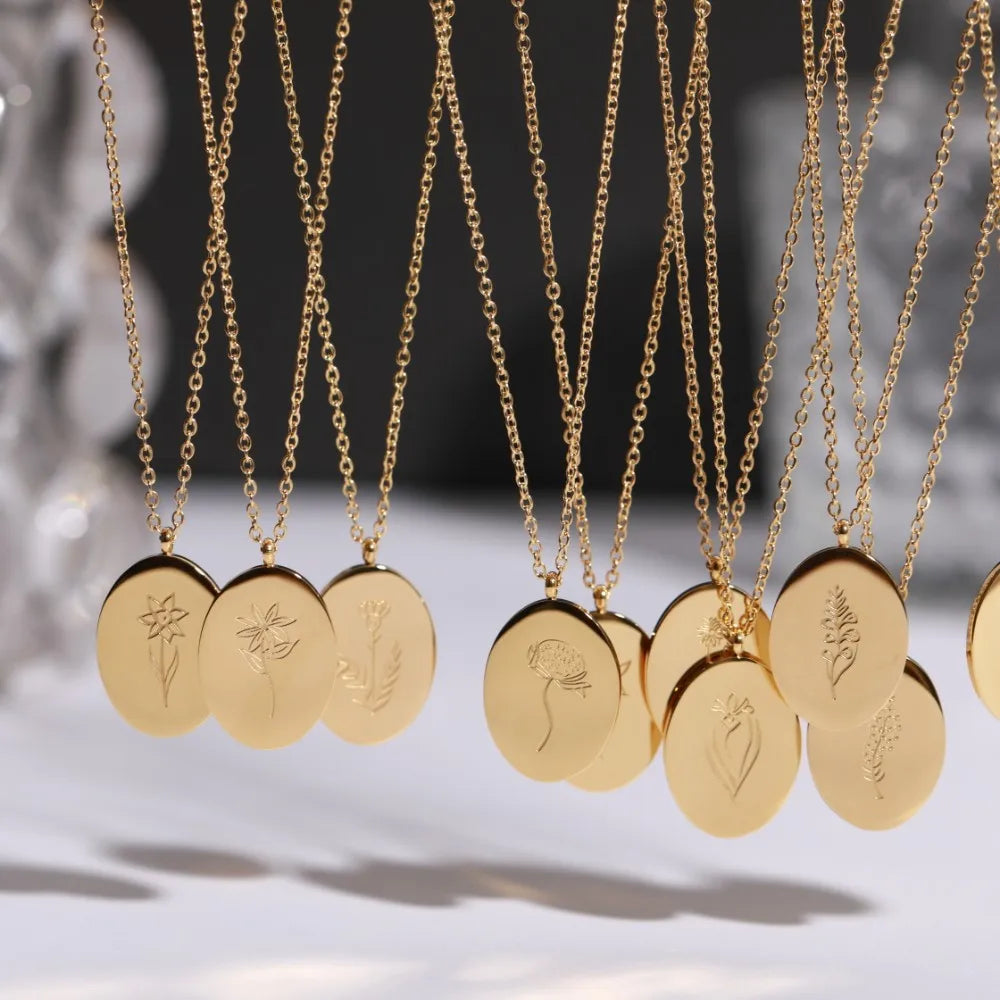 18K Gold Plated Stainless Steel Charm Jewelry Irregular Oval Birth Month Flower Pendant Necklaces for Women Girls