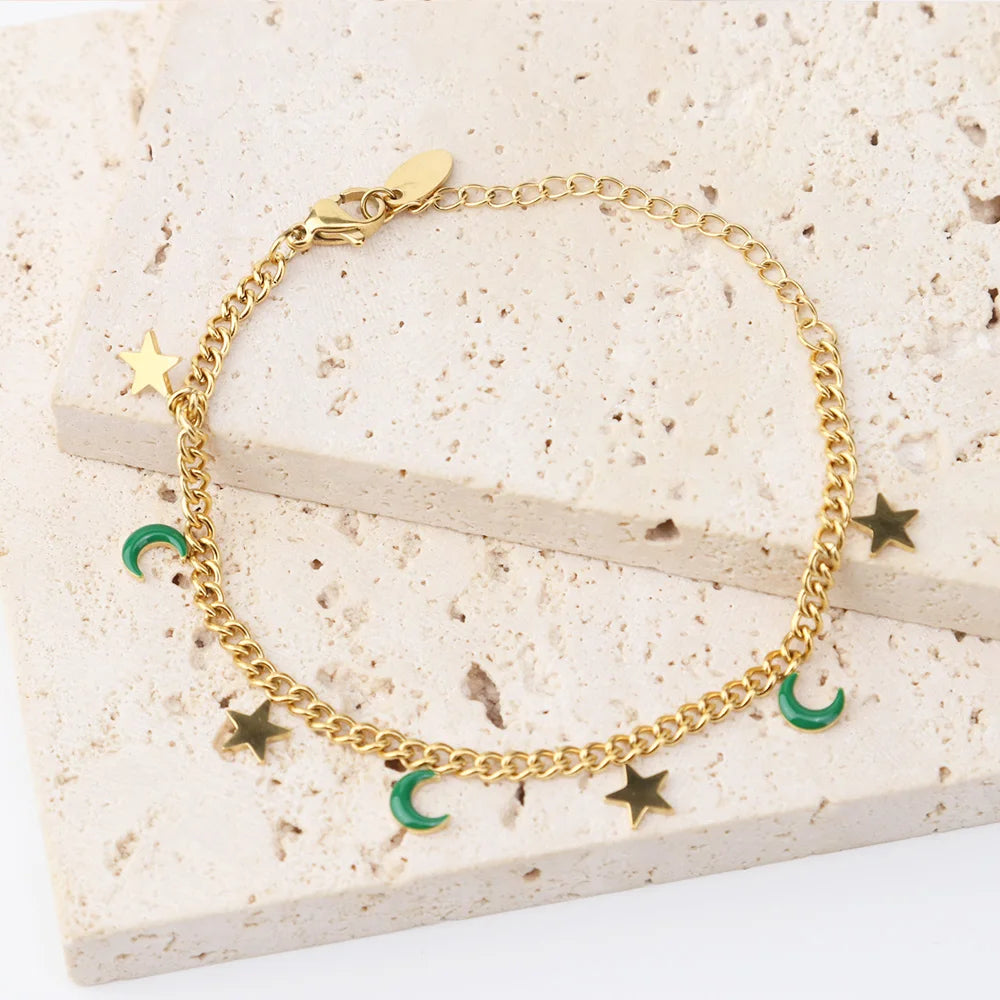 Chris April Colorful Enamel Star and Moon Charms 3mm Curb Chain Bracelets 316L Stainless Steel Bracelets