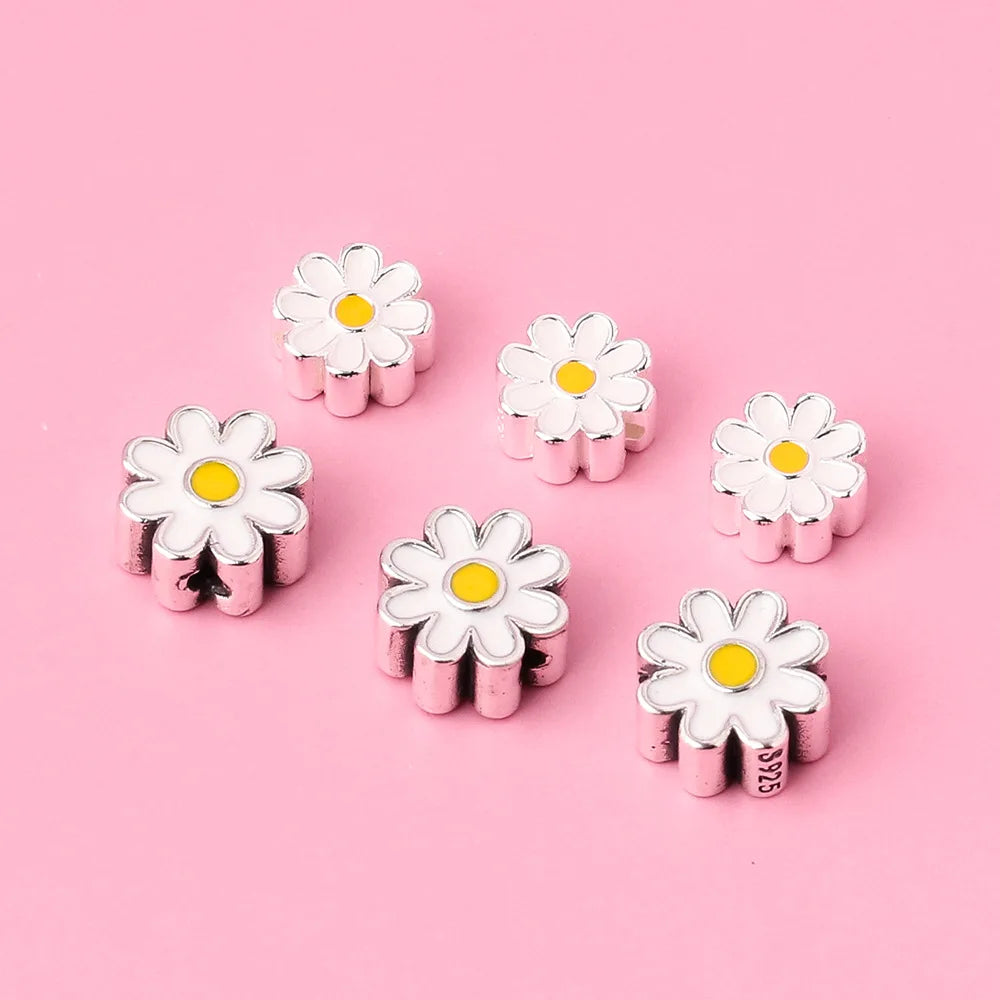 6mm 8mm 10mm 925 Sterling Silver Enamel White Daisy Flower Spacer Beads Jewelry Findings Crafts DIY