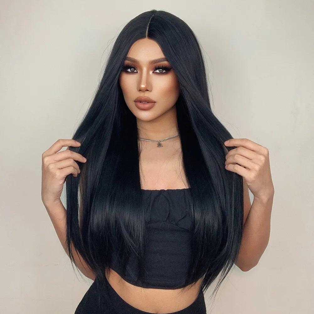 Japan Silk 13x1x5 Long Straight Black Lace Front Synthetic Wigs Lace Frontal Natural Wigs High Density Heat Resistant Wig