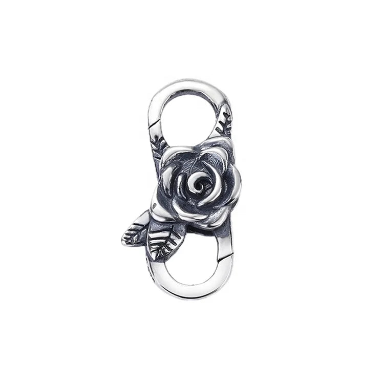 Romantic Oxidized Silver Rose Flower Shape Double Ended Lobster Claw Clasp 925 Connector Charm Lock for Chain Bracelet Jewelry