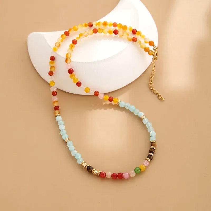 Bohemian Aquamarine Stone Necklace Dainty Tiger Eye Red Agate Beaded Necklace 18K Gold Trendy Jewelry for Women Girls Party Gift