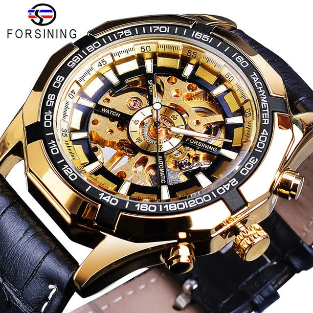 Forsining Men Waterproof Tourbillon Watch Black Skeleton Clock Automatic Mechanical Wrist Watches Leather Sports Man Clock