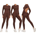 Custom Logo Open Back Scrunch One Piece Yoga Jumpsuit Backless Long Sleeve Front Zip Yoga Rompers Workout Gym Bodysuit Fro Women