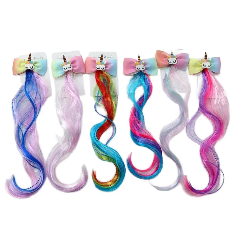 Hot Sale unicorn Bling Bling  Bowknot Gradient Three-color Wig Hairpin Braid Cute Children Baby Girl  Side Clip