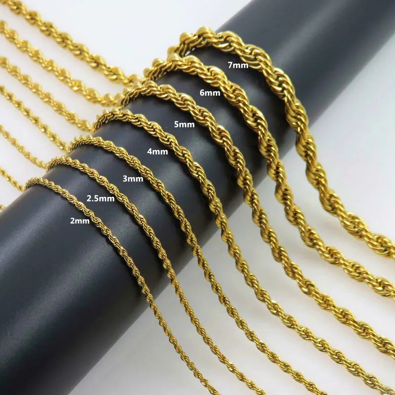 2 to 7mm 18 to 32 Inch No Tarnish 18k Gold Plated Rope Chain Necklace Stainless Steel Twisted Rope Chain Necklace for Men Women