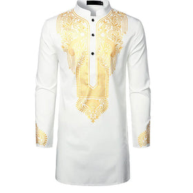RNSHANGER African Style Men Long Shirts New Totem Print Long Sleeve Standing Collar Pullover Muslim Shirts