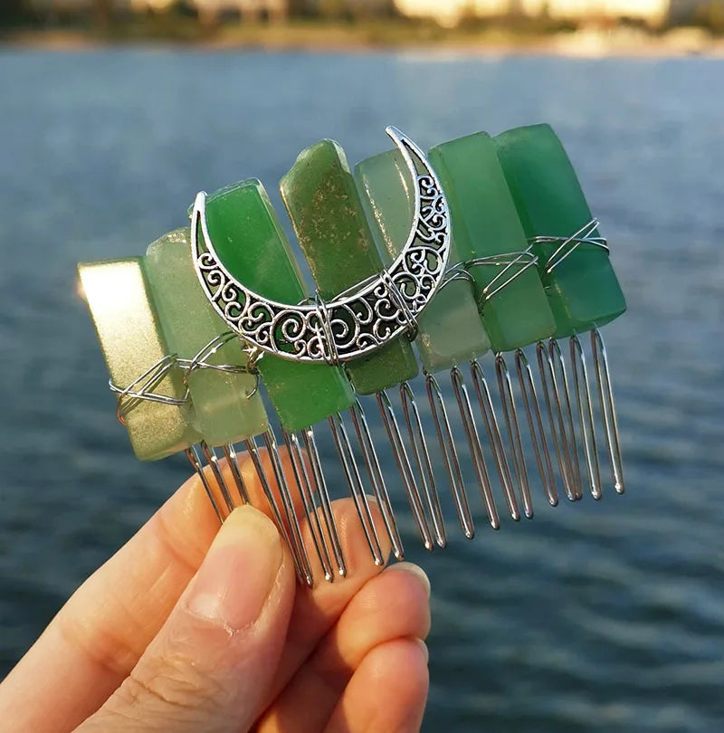 2026 Home Use Moon 2026 Natural Crystal Wide and Long Green Aventurine Crystal Headband Hand-tied Bridal Silver Thread 22-tooth Hair c
