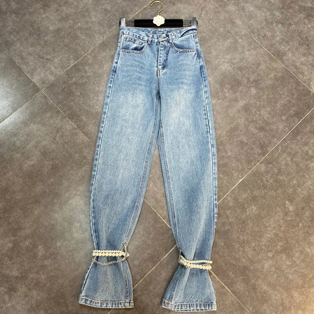 Wholesale 2026 Summer Trouser Hem Closure Chain Pearl Decoration Cool and Handsome Street Design Women's Jeans