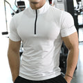 Men Summer Polyester Fitness Running Shirts Dry Fit Men Workout Gym Short Sleeve Plain 1/4 Zip Collar T Shirts