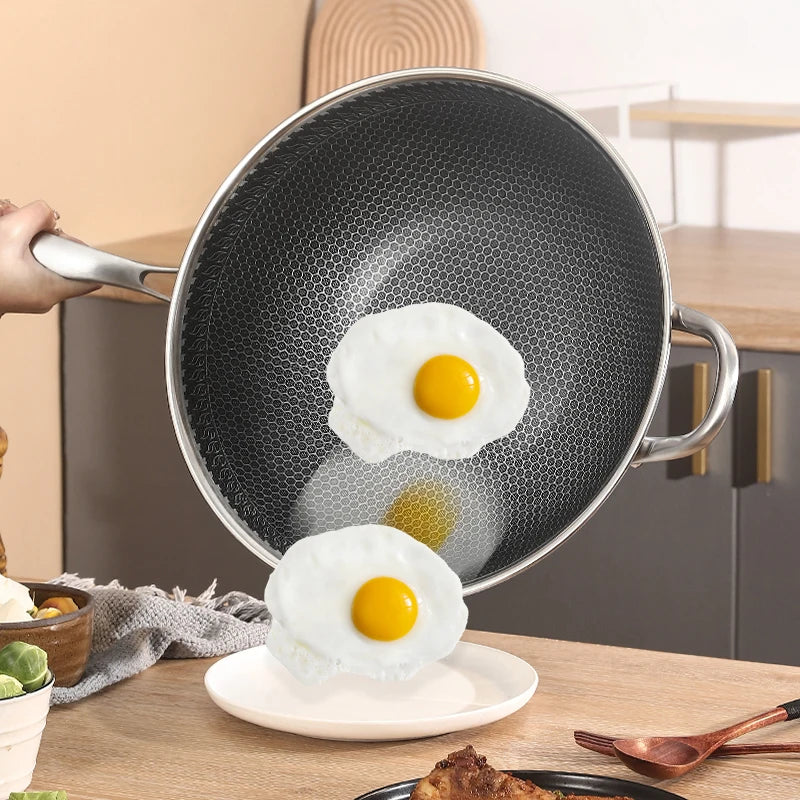 Stainless Steel Honeycomb Nonstick Wok Fry Pan Healthy Oil Free Cooking Induction Compatible Chinese Stir Fry Pan