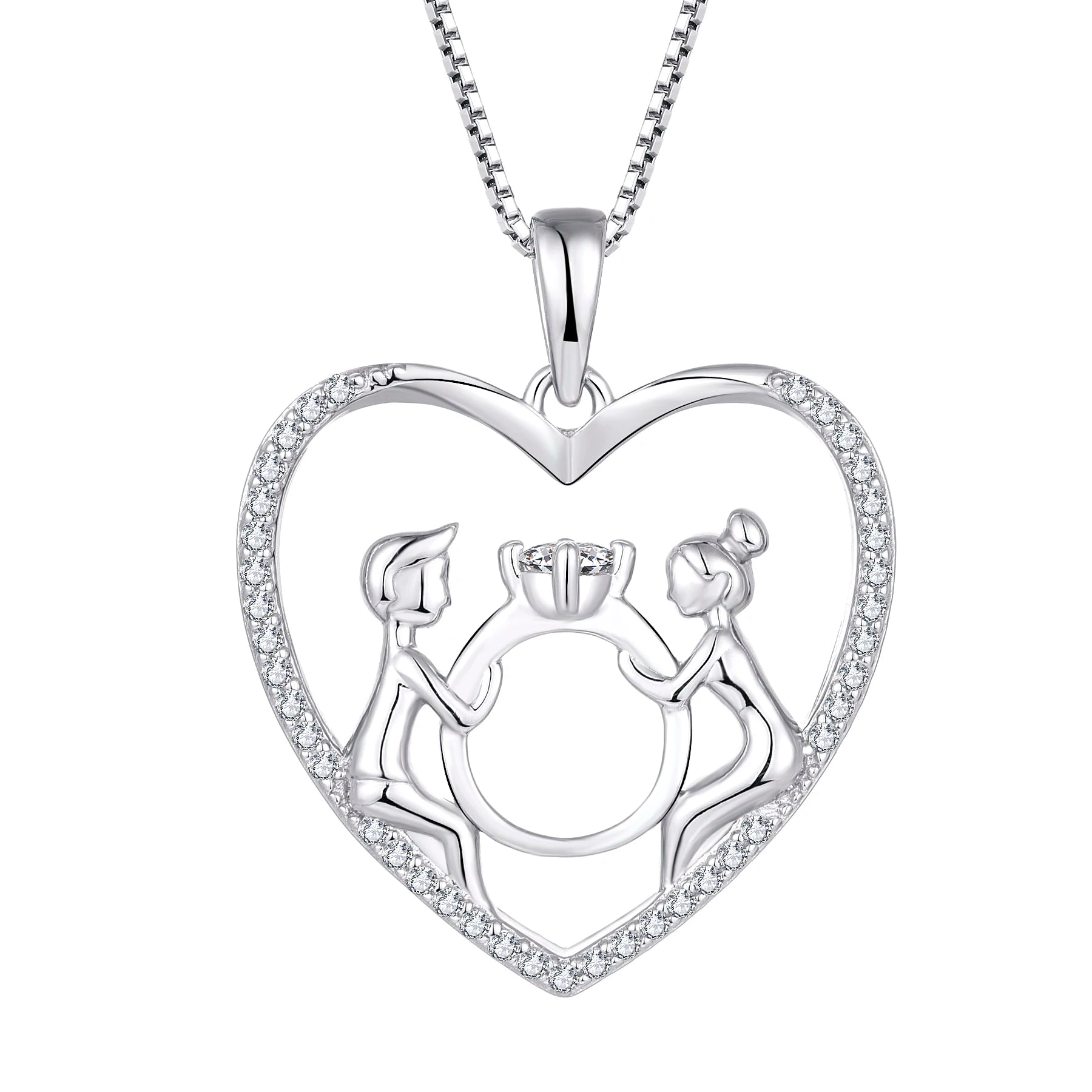 Custom Cubic Zircon Love Heart Boy and Girl Ring Pendant Necklace 925 Sterling Silver for Couple